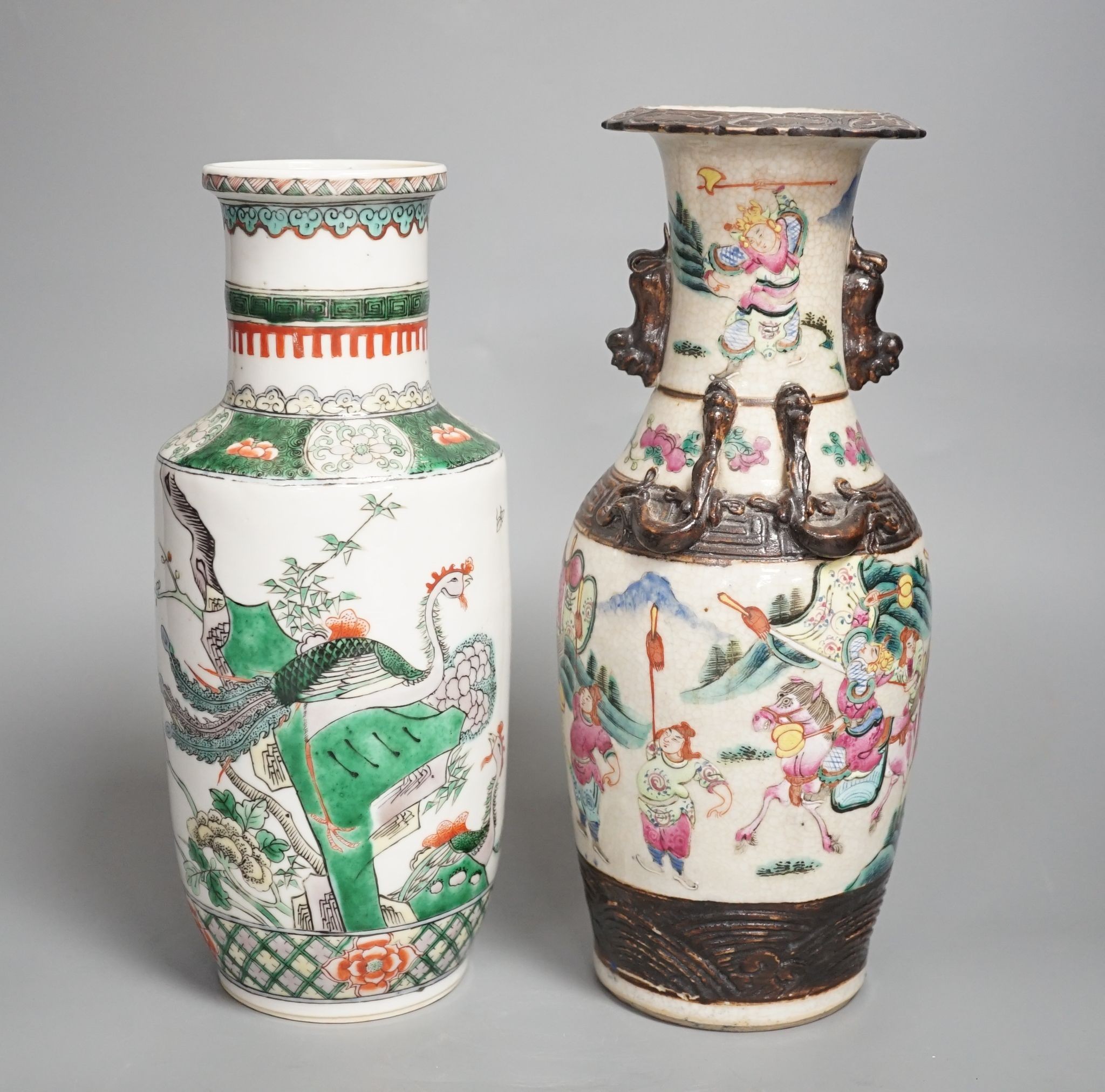 A Chinese crackle glaze ‘warriors’ vase and a Chinese famille verte ‘phoenix’ vase, both early 20th century Crackle ware vase 25 cms high.